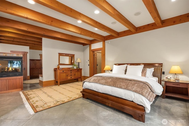 tiled bedroom featuring recessed lighting, beamed ceiling, and baseboards
