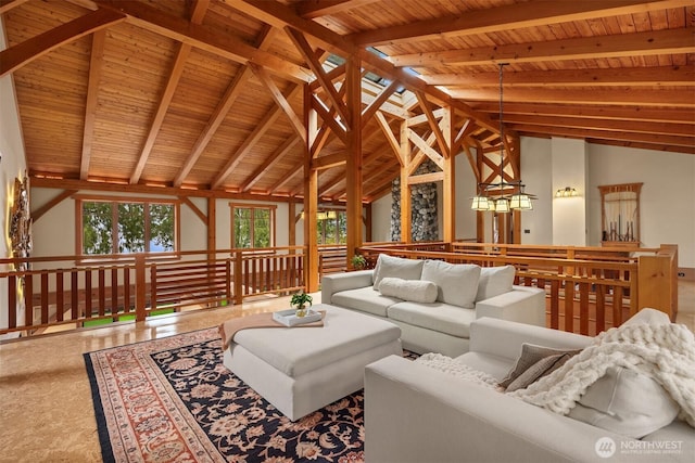 carpeted living area with wood ceiling