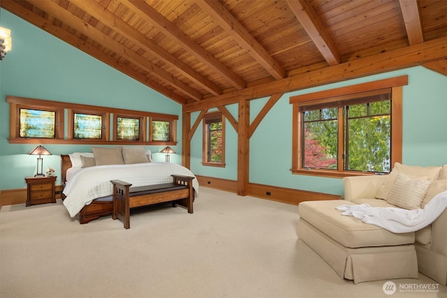 bedroom featuring wooden ceiling and carpet flooring