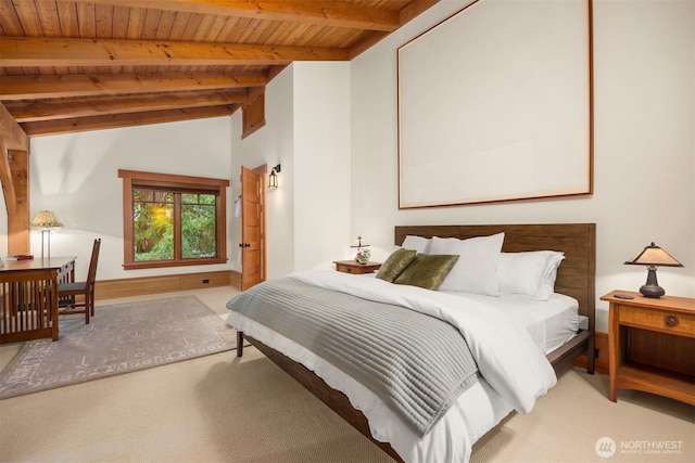 carpeted bedroom featuring wooden ceiling