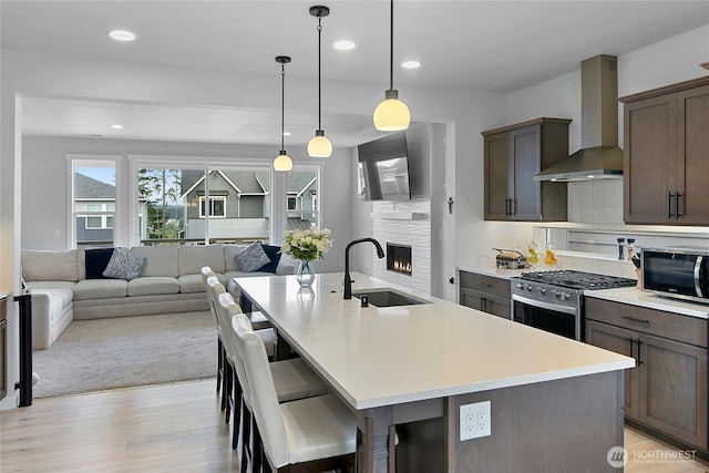 kitchen featuring wall chimney range hood, a sink, light wood finished floors, a fireplace, and stainless steel appliances
