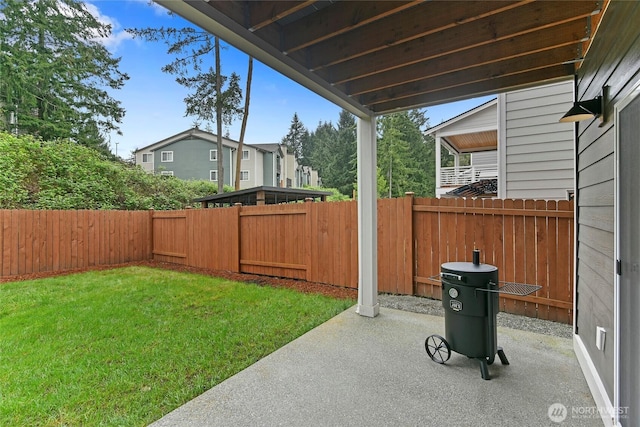 view of yard with a fenced backyard and a patio area