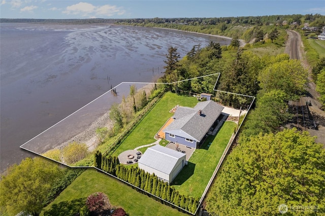 drone / aerial view featuring a water view