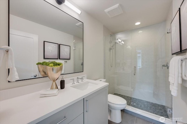 bathroom featuring vanity, recessed lighting, toilet, a shower stall, and visible vents