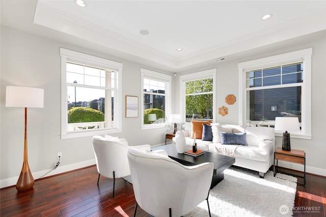 3048 39th Ave W, Seattle, WA 98199 - living area featuring crown molding, dark wood finished floors, baseboards, and a tray ceiling