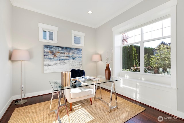 3048 39th Ave W, Seattle, WA 98199 - office area with crown molding, recessed lighting, wood finished floors, and a healthy amount of sunlight