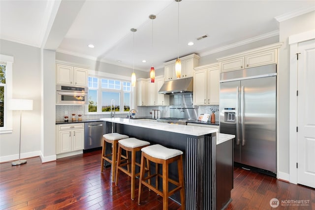 3048 39th Ave W, Seattle, WA 98199 - kitchen featuring appliances with stainless steel finishes, a wealth of natural light, dark wood-type flooring, under cabinet range hood, and visible vents