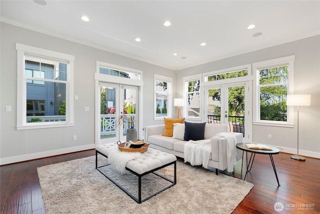 3048 39th Ave W, Seattle, WA 98199 - living room featuring baseboards, dark wood finished floors, ornamental molding, and french doors