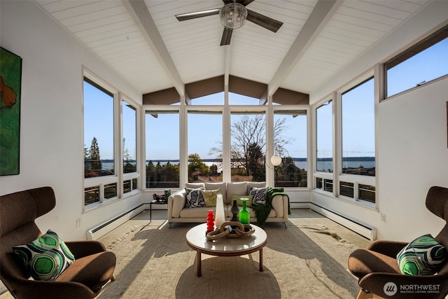 sunroom with a water view, lofted ceiling with beams, and a baseboard heating unit