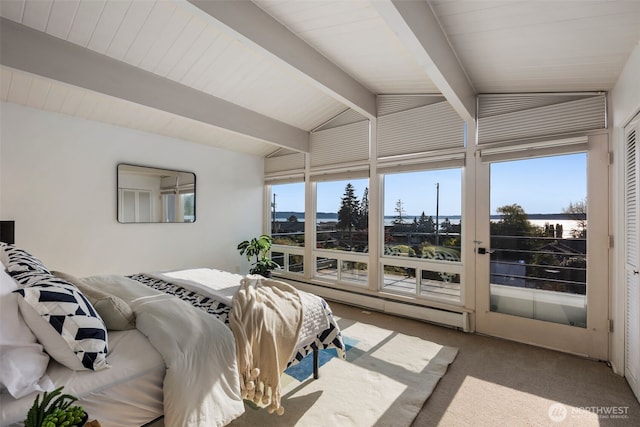 bedroom featuring carpet floors, access to exterior, and vaulted ceiling with beams