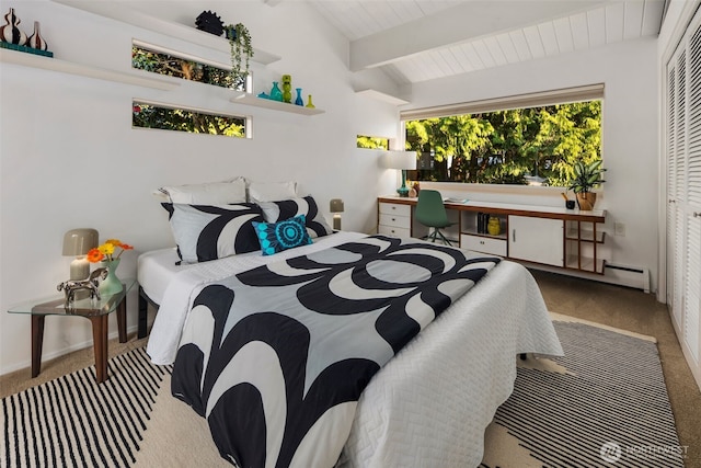 bedroom featuring a closet, wood ceiling, vaulted ceiling with beams, and carpet flooring
