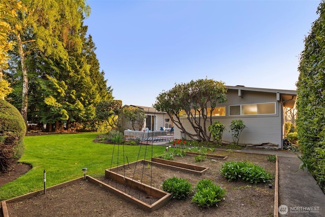 back of property with a lawn and a garden