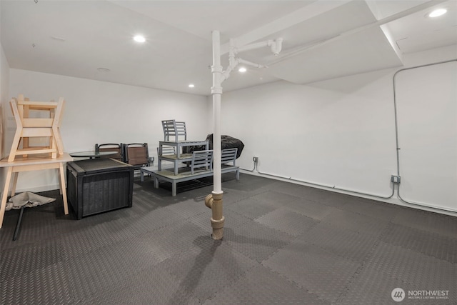 miscellaneous room featuring recessed lighting and carpet floors