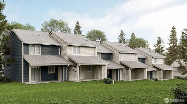 4243 Wintergreen Cir Unit 134, Bellingham, WA 98226 - back of property featuring a shingled roof and a yard
