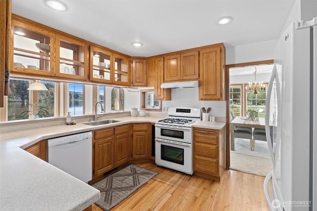 kitchen featuring light wood finished floors, a sink, white appliances, light countertops, and under cabinet range hood