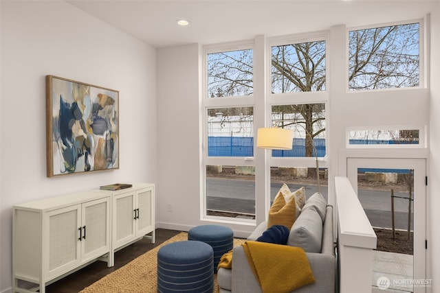 living area featuring baseboards and recessed lighting