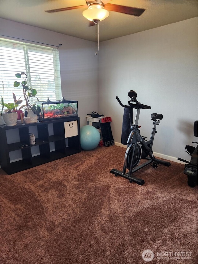 9244 Carys St SE, Yelm, WA 98597 - exercise area with carpet flooring, a ceiling fan, and baseboards