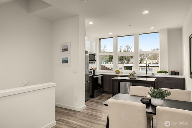 kitchen featuring baseboards, a sink, recessed lighting, stainless steel appliances, and light wood-style flooring