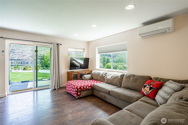 876 1st St, Chelan Falls, WA 98817 - living area with a wall mounted AC, dark wood-style flooring, and recessed lighting