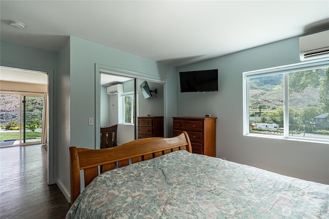 876 1st St, Chelan Falls, WA 98817 - bedroom with an AC wall unit, dark wood-style floors, and a closet