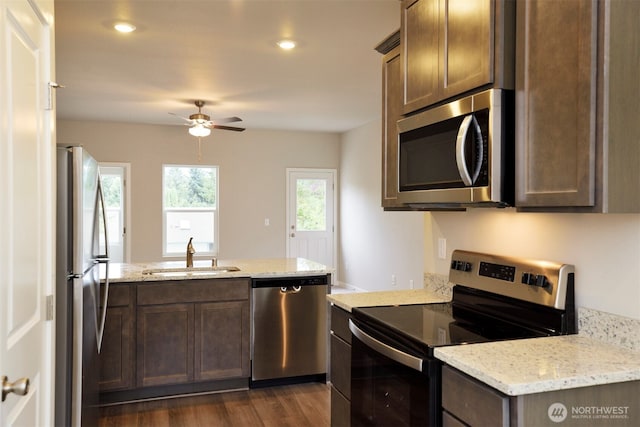 kitchen featuring a sink, dark wood-style flooring, appliances with stainless steel finishes, a ceiling fan, and light stone counters