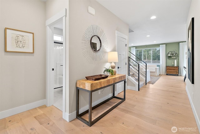 14232 SE 284th Pl, Kent, WA 98042 - corridor with light wood-type flooring, baseboards, recessed lighting, and stairs