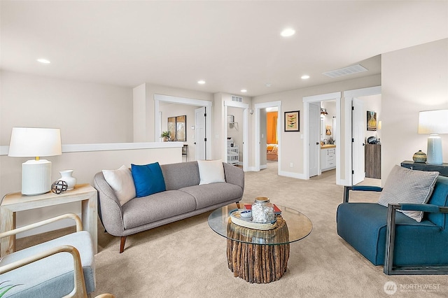 14232 SE 284th Pl, Kent, WA 98042 - living room featuring baseboards, light carpet, visible vents, and recessed lighting