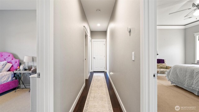 131 NW Blalock Dr, College Place, WA 99324 - hall with carpet flooring, baseboards, and crown molding
