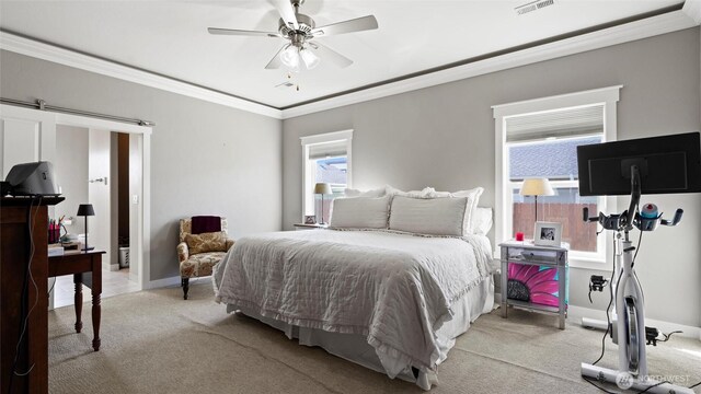 131 NW Blalock Dr, College Place, WA 99324 - bedroom with visible vents, baseboards, a ceiling fan, crown molding, and light colored carpet