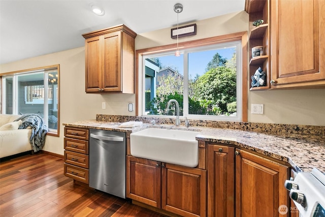 24264 133rd Ave SE, Kent, WA 98042 - kitchen featuring stainless steel dishwasher, a sink, dark wood-style flooring, light stone countertops, and range