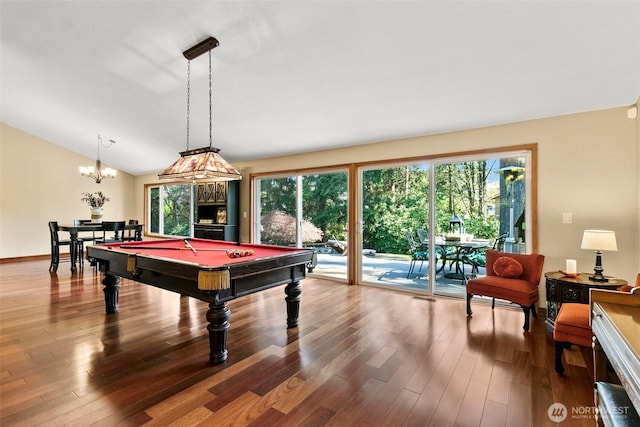 24264 133rd Ave SE, Kent, WA 98042 - playroom featuring vaulted ceiling, wood finished floors, billiards, and an inviting chandelier