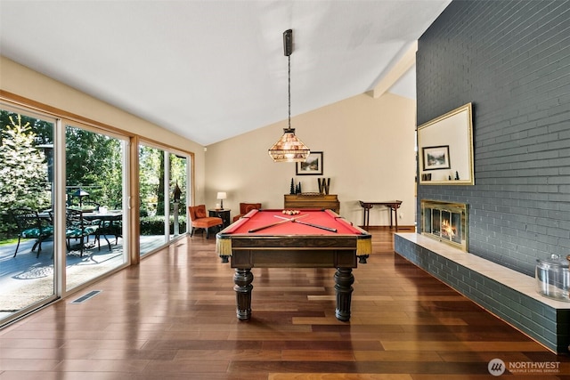 24264 133rd Ave SE, Kent, WA 98042 - rec room with wood-type flooring, visible vents, vaulted ceiling with beams, and a fireplace