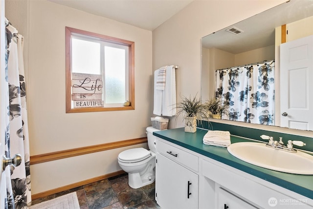 24264 133rd Ave SE, Kent, WA 98042 - bathroom featuring visible vents, toilet, vanity, stone finish flooring, and baseboards