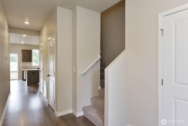 2306 158th Street Ct E, Tacoma, WA 98445 - stairs with wood finished floors, baseboards, and recessed lighting