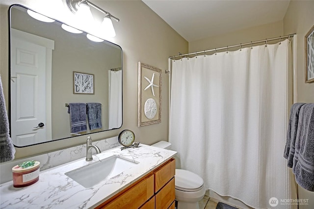 full bath with tile patterned floors, vanity, a shower with shower curtain, and toilet