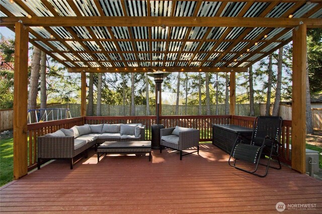 21221 SE 271st Pl, Maple Valley, WA 98038 - deck with outdoor lounge area, a fenced backyard, and a pergola