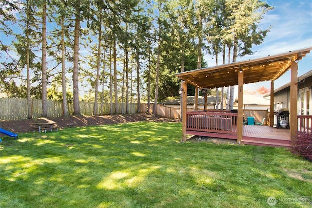 21221 SE 271st Pl, Maple Valley, WA 98038 - view of yard featuring a fenced backyard and a wooden deck