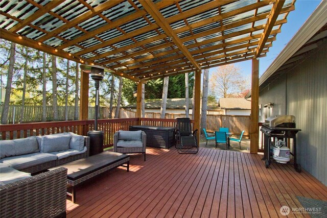 21221 SE 271st Pl, Maple Valley, WA 98038 - wooden deck featuring grilling area, fence, an outdoor hangout area, and a pergola