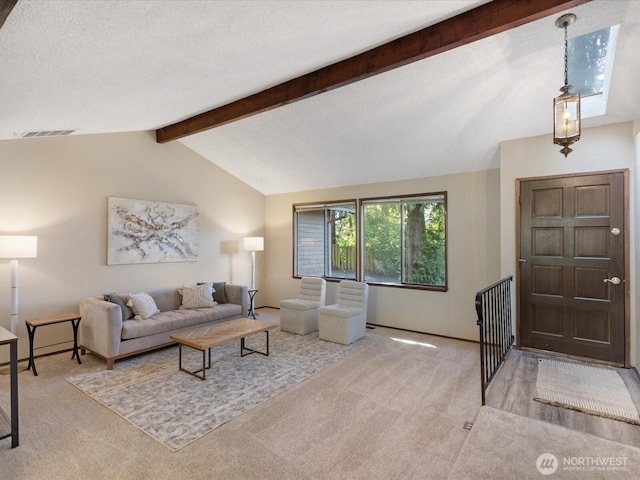 8142 NE 145th Pl, Kenmore, WA 98028 - living room with carpet floors, vaulted ceiling with beams, visible vents, and baseboards
