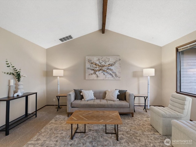 8142 NE 145th Pl, Kenmore, WA 98028 - carpeted living area featuring visible vents, vaulted ceiling with beams, and baseboards