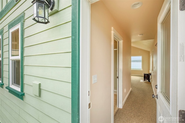 840 Beckett Point Rd, Port Townsend, WA 98368 - hall with baseboards, recessed lighting, carpet, and vaulted ceiling