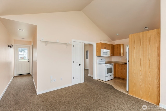 840 Beckett Point Rd, Port Townsend, WA 98368 - kitchen featuring high vaulted ceiling, white appliances, electric panel, carpet flooring, and brown cabinets