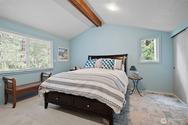 2336 Killarney Ct NW, Olympia, WA 98502 - bedroom featuring light colored carpet, a textured ceiling, vaulted ceiling with beams, and multiple windows