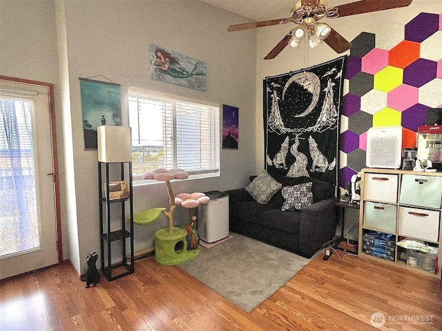 playroom featuring a ceiling fan and wood finished floors