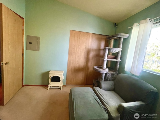 living area with baseboards, electric panel, vaulted ceiling, and carpet floors