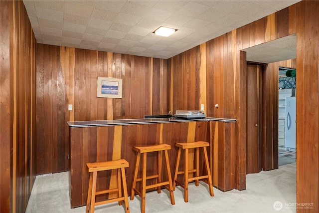 2139 SW 316th St, Federal Way, WA 98023 - bar with wood walls, carpet, and freestanding refrigerator