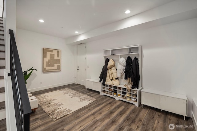 mudroom with wood finished floors, baseboards, and recessed lighting