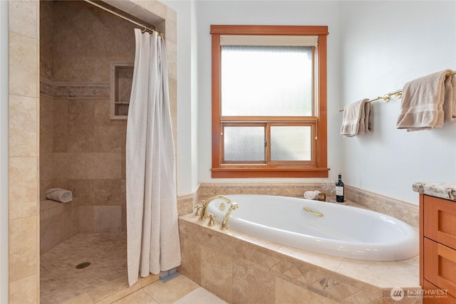3193 Northshore Rd, Bellingham, WA 98226 - full bathroom with tile patterned flooring, tiled shower, a garden tub, and vanity