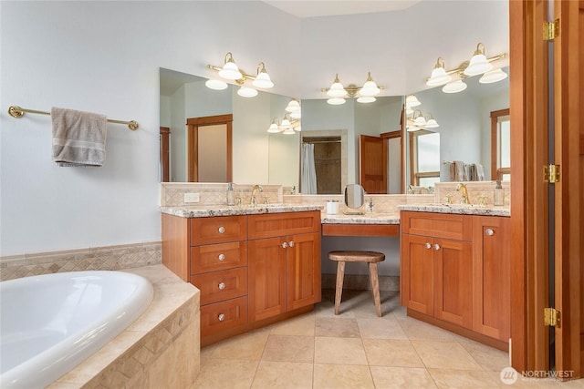 3193 Northshore Rd, Bellingham, WA 98226 - bathroom featuring vanity, tile patterned flooring, a garden tub, and a notable chandelier