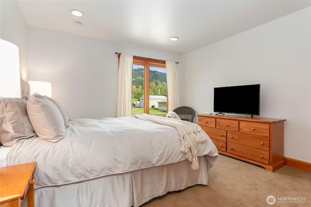 3193 Northshore Rd, Bellingham, WA 98226 - bedroom featuring baseboards, recessed lighting, access to outside, and light carpet